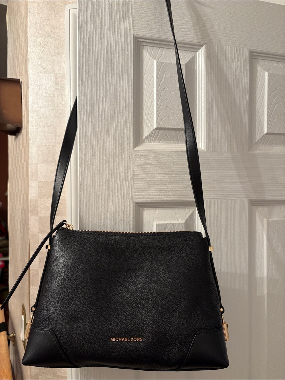 Michael Kors Black Pebble Leather Shoulder Bag with Gold Hardware